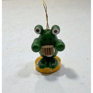 Russ Berrie Wooden Frog Christmas Ornament Accordian Musician Green Music Lover